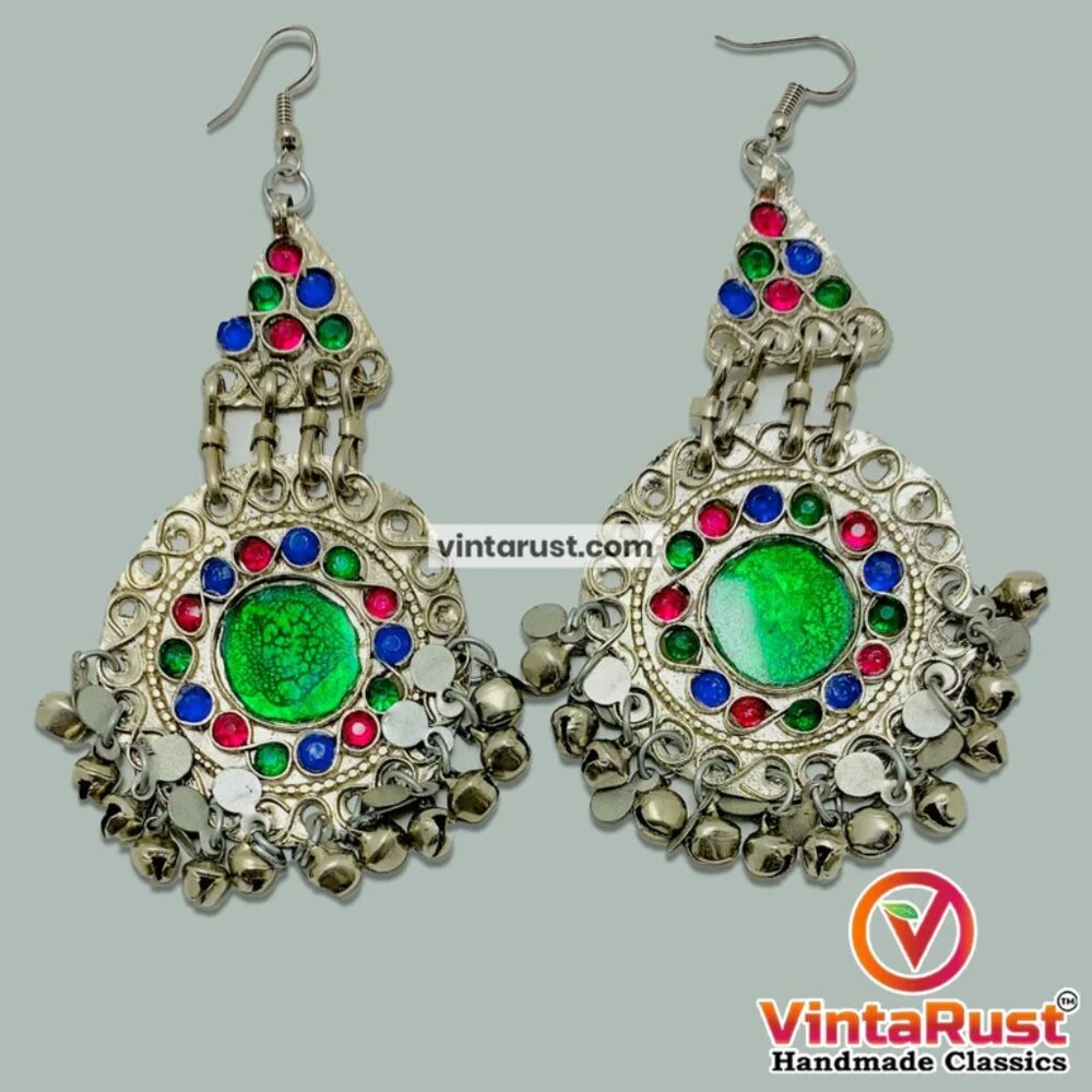 Afghan Kuchi Dangle Earrings: Silver Bells, Glass Stones, Boho Jewelry